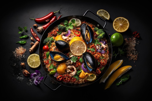 Paella com frutos do mar em um fundo preto Generative AI