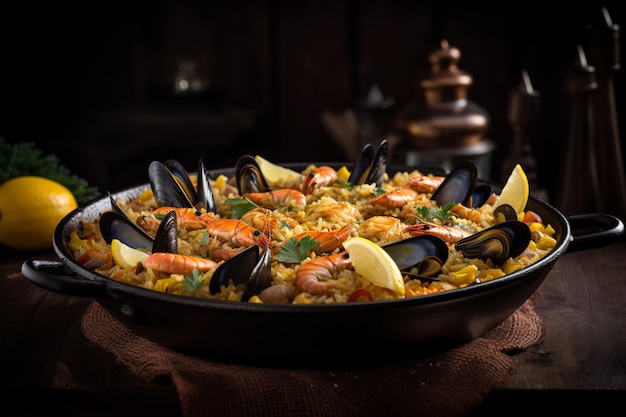 Foto paella com frutos do mar em uma mesa