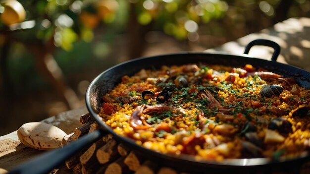 Paella de conejo y caracol de estilo valenciano contra un telón de fondo de viñedo