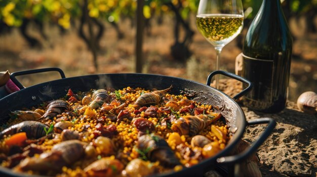 Paella de conejo y caracol de estilo valenciano contra un telón de fondo de viñedo