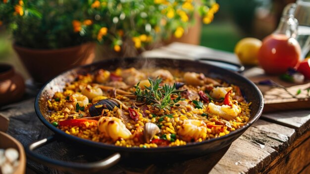 Paella de conejo y caracol de estilo valenciano contra un telón de fondo de viñedo