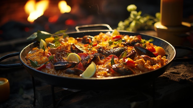 Paella cozinhando ao ar livre em uma fogueira aberta