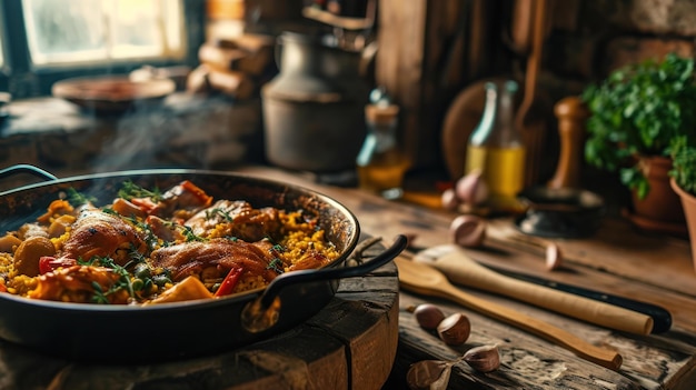 Paella de frango e coelho contra uma cozinha tradicional espanhola