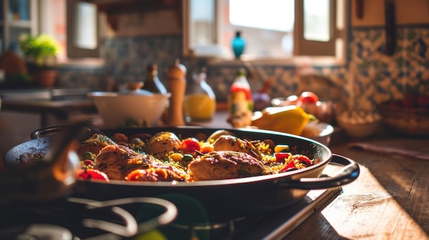 Paella de frango e coelho contra uma cozinha tradicional espanhola