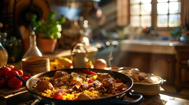 Paella de frango e coelho contra uma cozinha tradicional espanhola