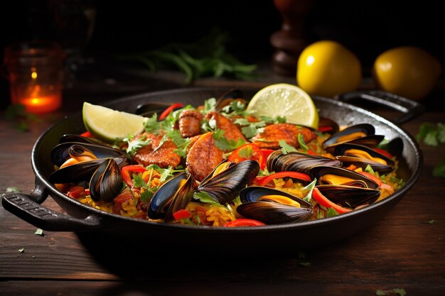 Paella de frutos do mar com chorizo e arroz azafrão