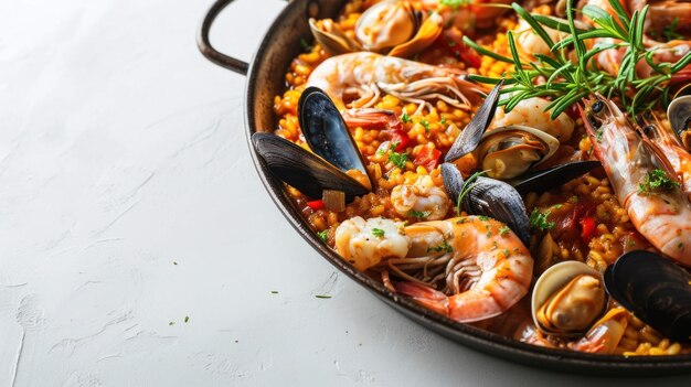 Paella de frutos do mar contra um fundo branco limpo