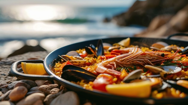 Paella de frutos do mar em um cenário costeiro