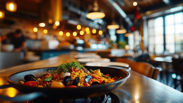 Paella de tinta de lulas contra um interior elegante de um restaurante