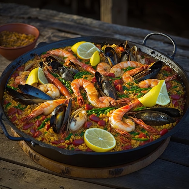 Paella espanhola tradicional com IA generativa de frutos do mar e frango