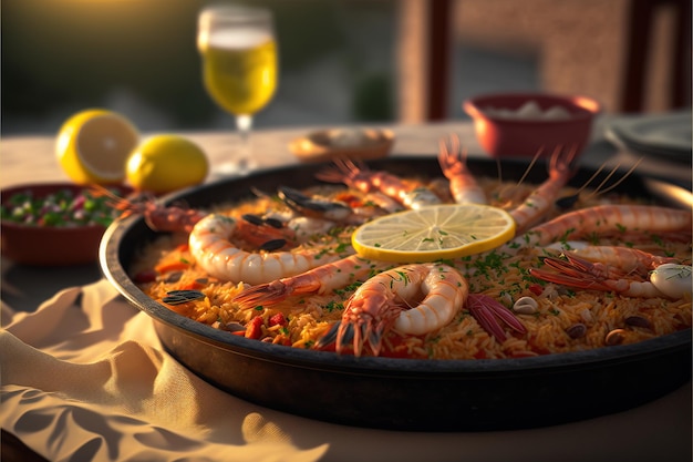 Paella espanhola tradicional com IA generativa de frutos do mar e frango