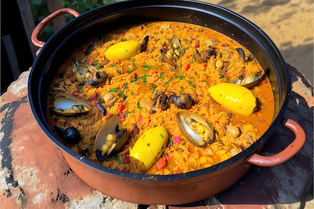 Paella espanhola tradicional com IA generativa de frutos do mar e frango