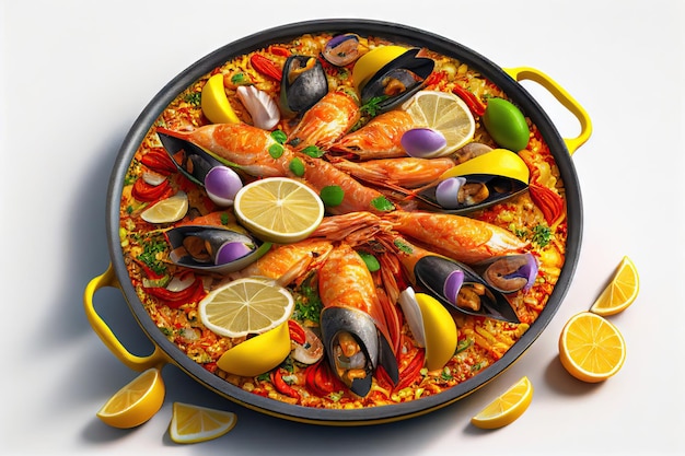 Paella espanhola tradicional de frutos do mar na frigideira sobre uma mesa branca IA generativa