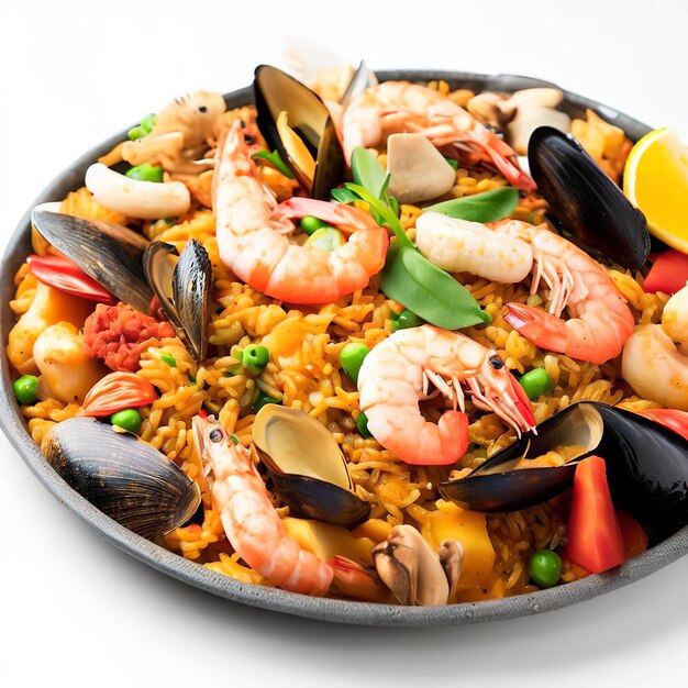 Paella gourmet com frutos do mar frescos e saudáveis no fundo branco