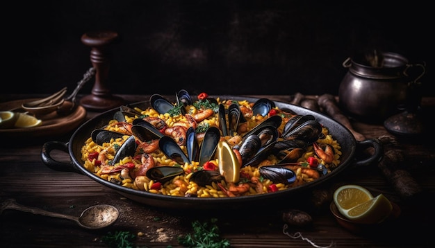 Una paella de marisco gourmet cocinada en una mesa de madera rústica generada por IA