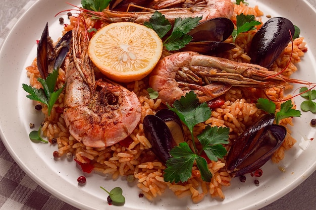 Paella de mariscos camarones y mejillones risotto arroz casero vista superior sin gente