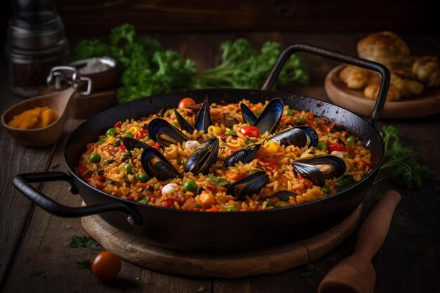 Foto paella de mariscos deliciosa y salada generada por ai