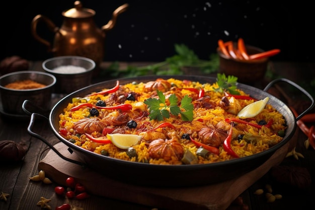 Paella de mariscos en una mesa de madera