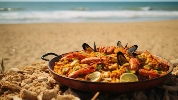 Foto paella o comida de bar en verano en la playa