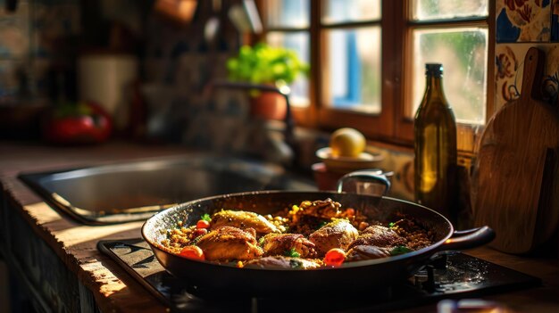 Paella de pollo y conejo contra una cocina tradicional española