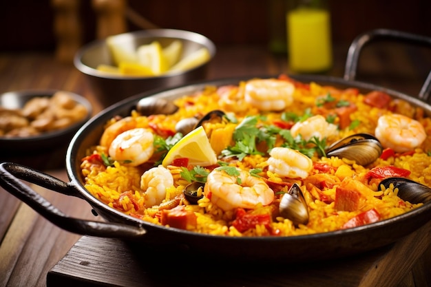 Foto paella de tofu con arroz infundido con azafrán y mariscos