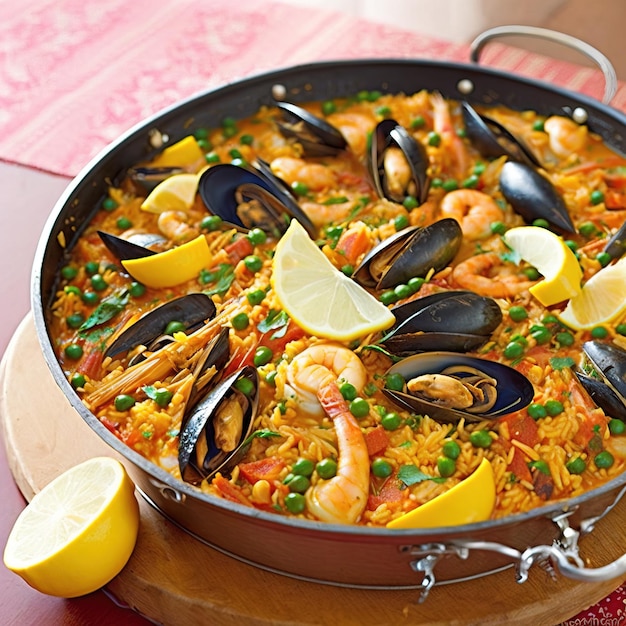 Paella tradicional española con marisco y pollo IA generativa