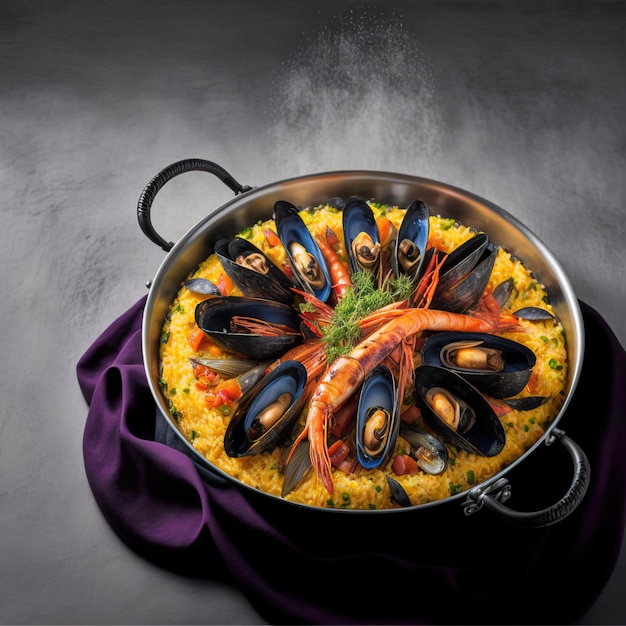 Paella tradicional española con marisco y pollo IA generativa