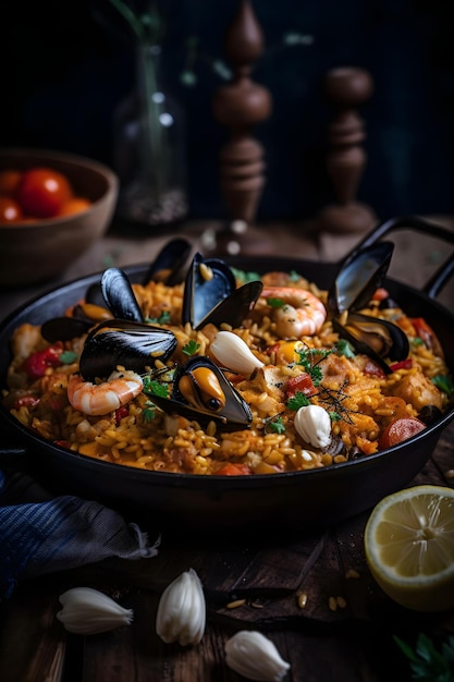 Paella tradicional española con mariscos y pollo