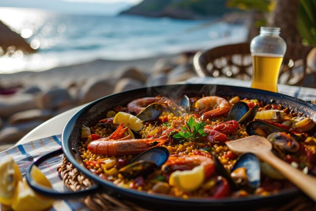 Foto paella tradicional de mariscos en la sartén en una mesa junto al mar