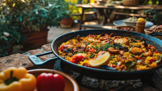 Paella valenciana clássica contra um pátio espanhol rústico