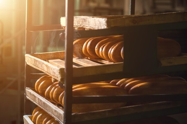 Foto pães amarelos compridos de pão sobre prateleiras de pão fresco da fábrica local antiga r tradicional