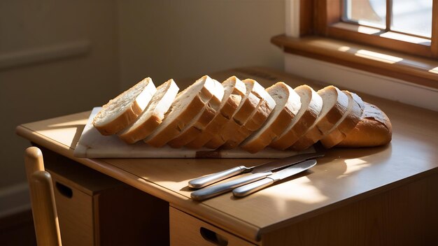 Foto pães brancos cortados em fatias em uma mesa de madeira