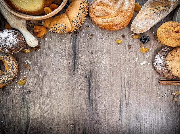 Pães de pastelaria fresca cesta de vime estilo rústico padaria trigo