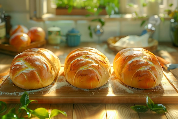 Pães dourados recém-cozidos em tábua de corte de madeira em uma cozinha rústica iluminada pelo sol