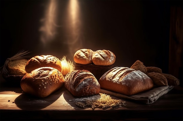 Pães em pé no balcão de madeira