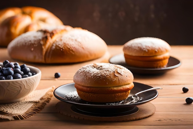 Pães em uma mesa de madeira com xícaras de comida e xícaras de café.