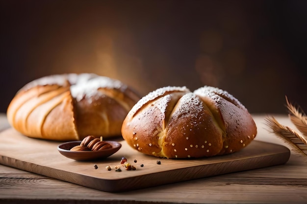 Pães em uma tábua com fundo de madeira