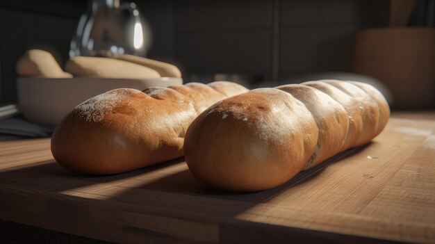 Pães italianos em uma mesa rústica para café da manhã e lanche da tarde