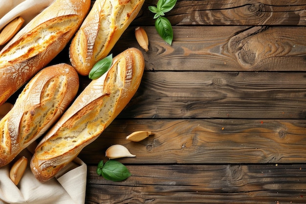 Pães picados de pão de baguete francês recém-cozido em uma mesa de madeira