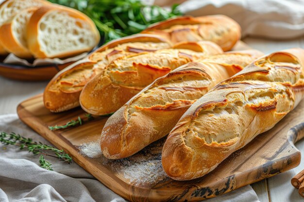 Pães picados de pão de baguete francês recém-cozido em uma mesa de madeira