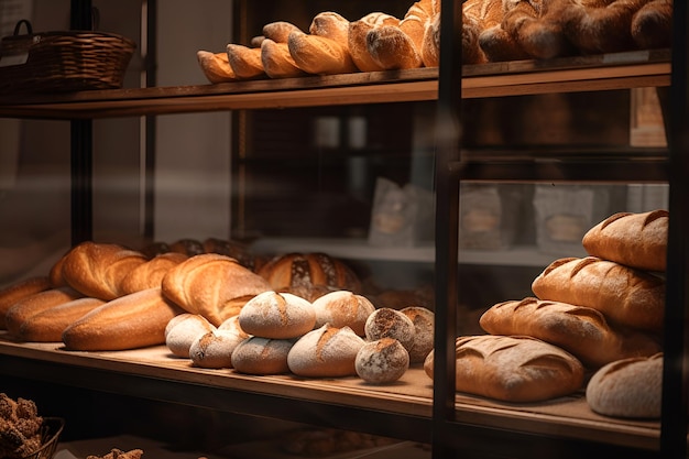 Foto pães recém-assados nas prateleiras da padaria ai gerada
