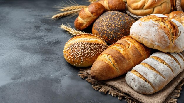 Pães variados dispostos cuidadosamente em uma mesa de madeira sob luz natural