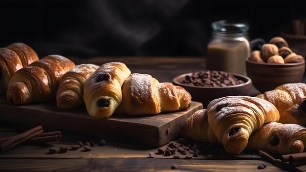 Pãezinhos de massa folhada de croissant doce recém-assados com chocolate na rede neural de tábua de madeira