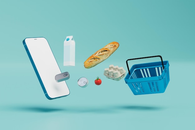 Pagamento de produtos via cesta de smartphone e conjunto de produtos em fundo turquesa