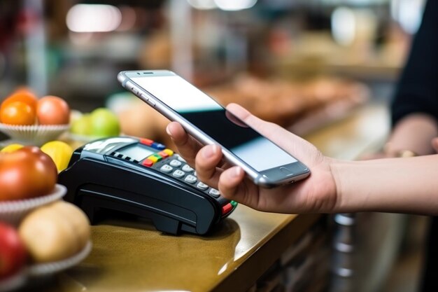 Foto pagamento numa loja com um smartphone de temas industriais e tecnológicos