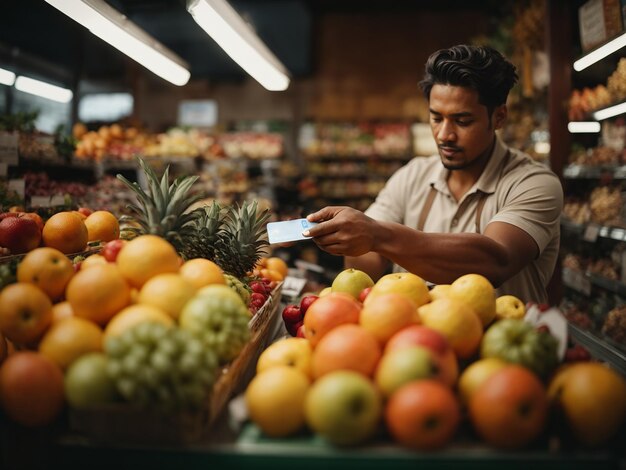 Pagamento por cartão numa loja de frutas ou legumes