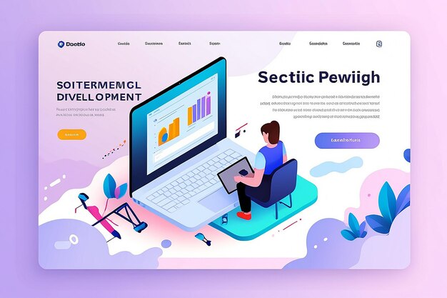 Página de aterrizaje de concepto de desarrollo de software isométrico con portátil y diseño de código