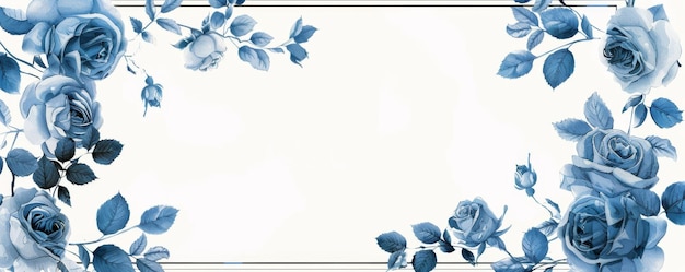 Página en blanco elegante con un delgado marco negro y un borde de acuarela floral azul