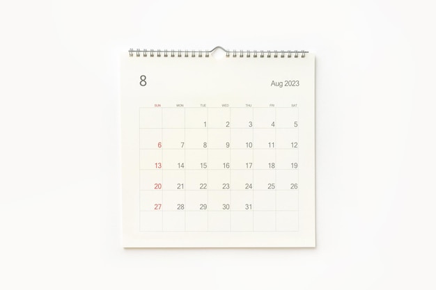 Página de calendario de agosto de 2023 en blanco Fondo de calendario para recordatorio de reunión de planificación de negocios y evento
