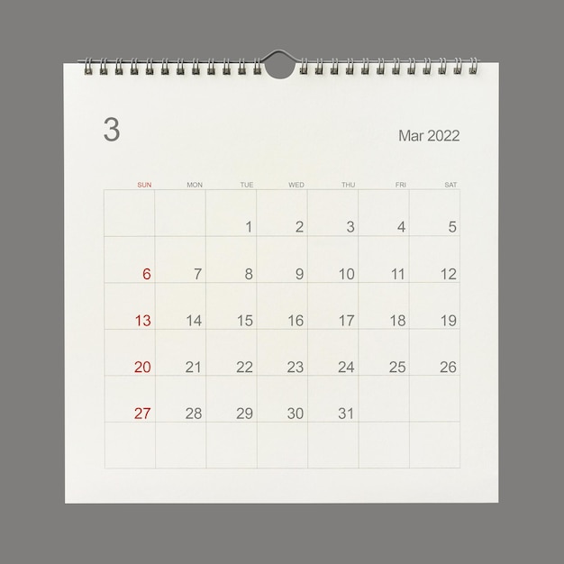 Página del calendario de marzo de 2022 sobre fondo blanco. Fondo de calendario para recordatorio, planificación de negocios, reunión de citas y eventos. De cerca.